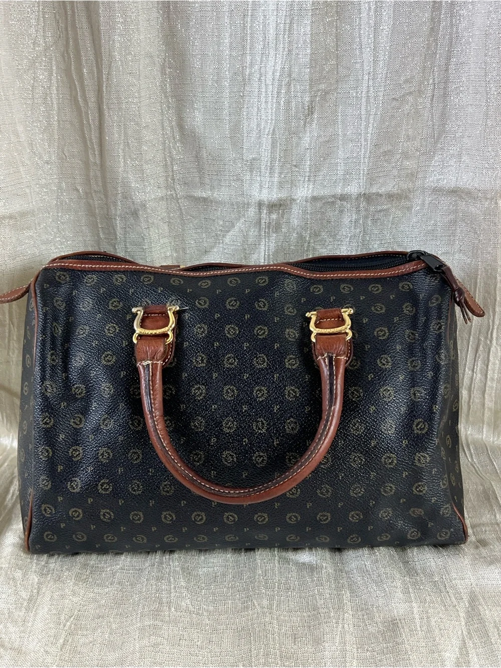 Vintage Pollini Italy Monogram Bowler Satchel Bag Brown Leather Trim Purse